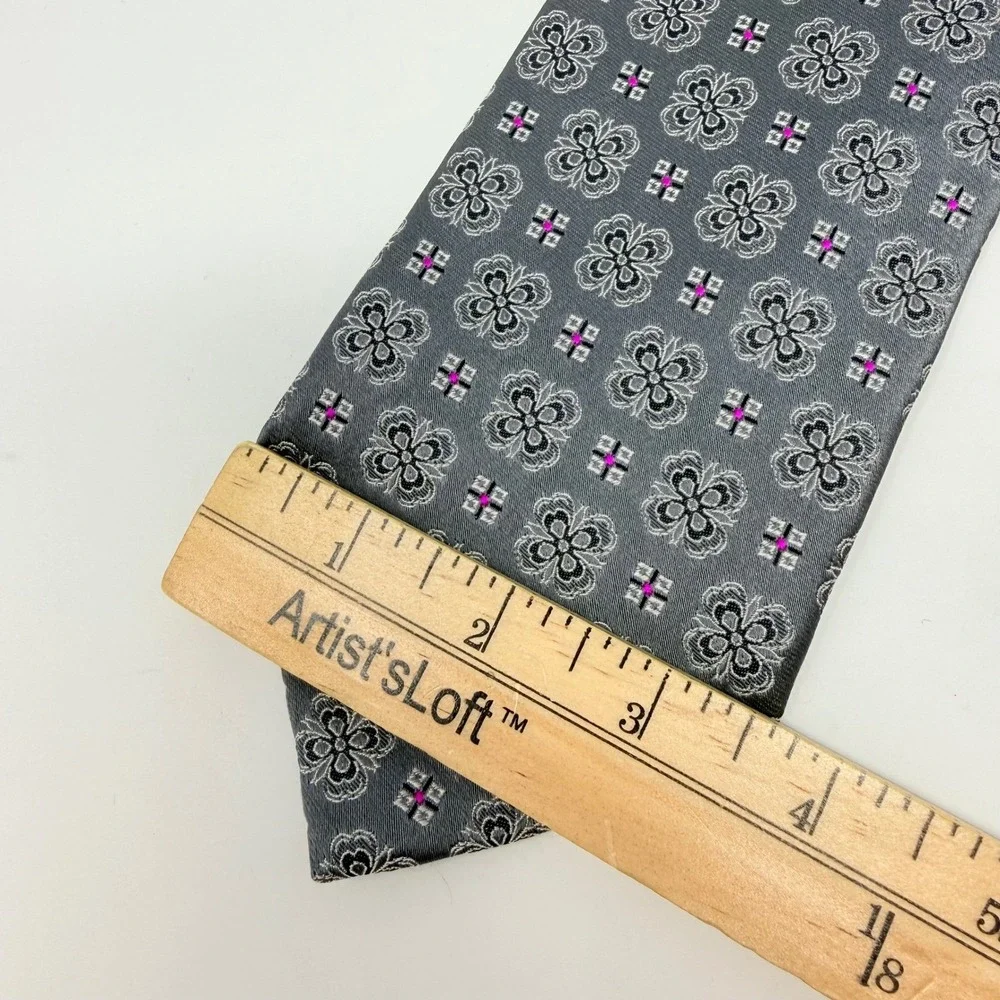 Ermenegildo Zegna Mens Silk Tie Grey Black Magenta Geometric Floral Italy